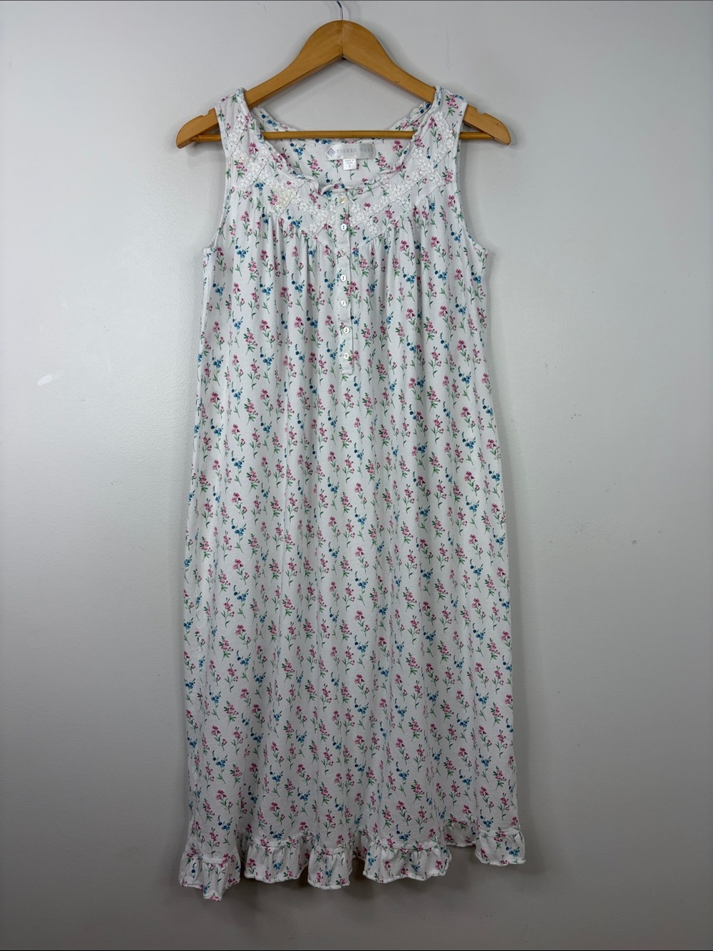 Eileen West Nightgown Womens Small White Blue Pink Floral Cotton Modal Ruffle